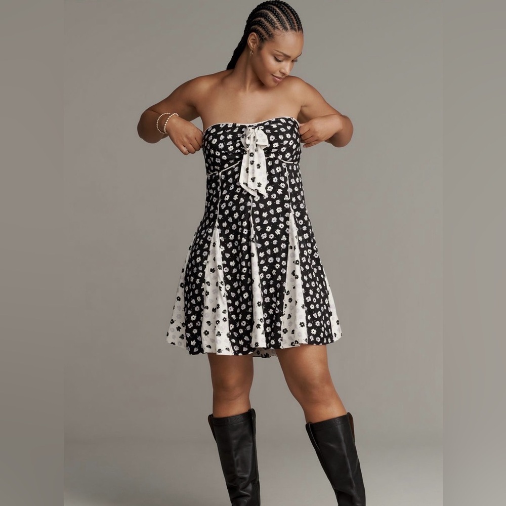Maeve Strapless Bow-Front Swing Mini Dress Size Black and White Floral XL NWT